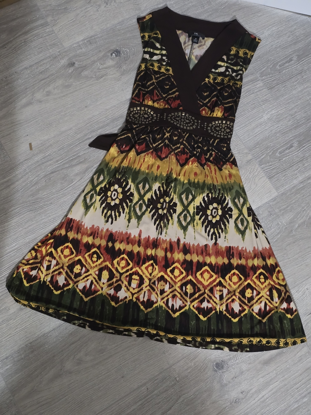 Iz Byer Multicolor Tribal Midi Dress in Yellow, Green & Brown